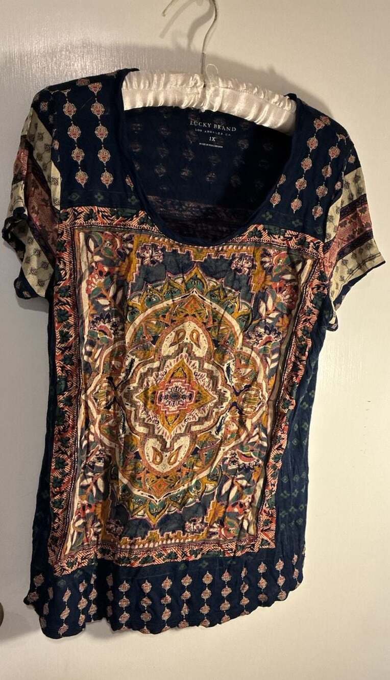 Lucky Brand Women's 1X Navy Blue Persian Carpet Short Sleeve T-Shirt